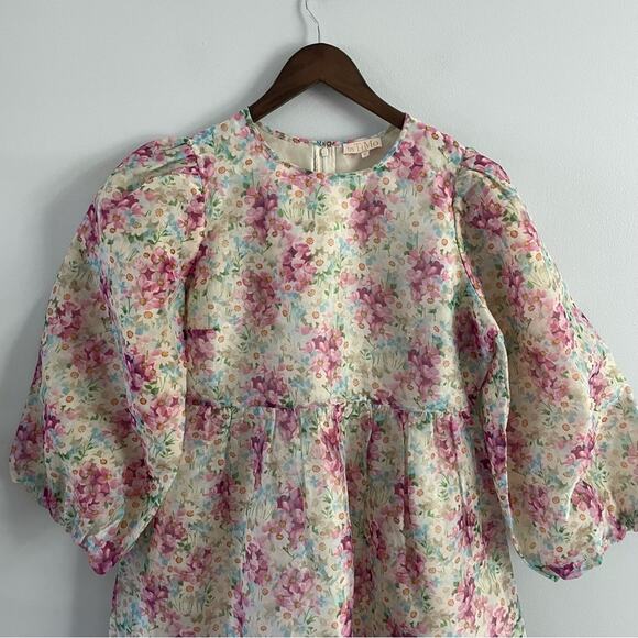 byTiMo | Womens Pink Floral Organza Puff Sleeve A Line Mini Cocktail Dress Short - Picture 5 of 11